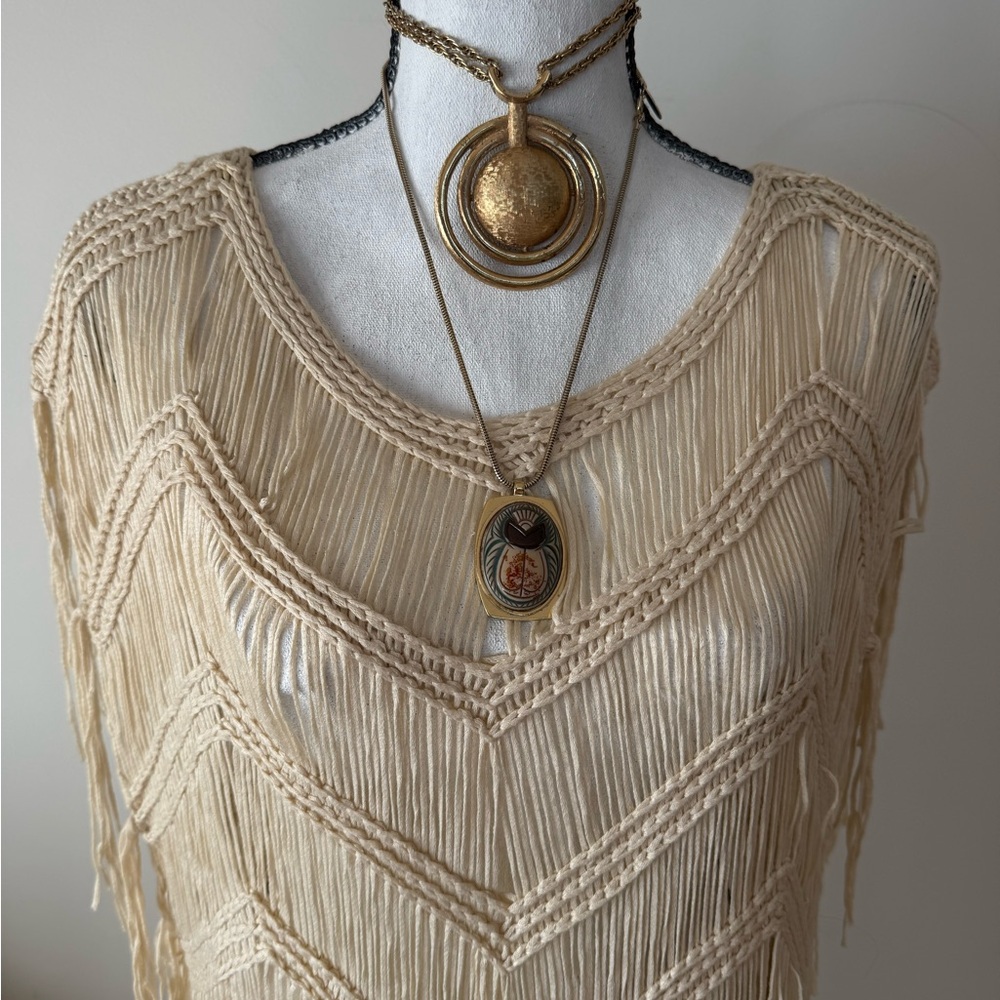 Crochet/mac Cream Fringe Sleeveless Dress/layering piece - Picture 2 of 11